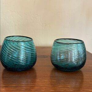Vintage MCM Turquoise Hand Blown Swirled Glass Candle Holders Spiral Ribbing x2